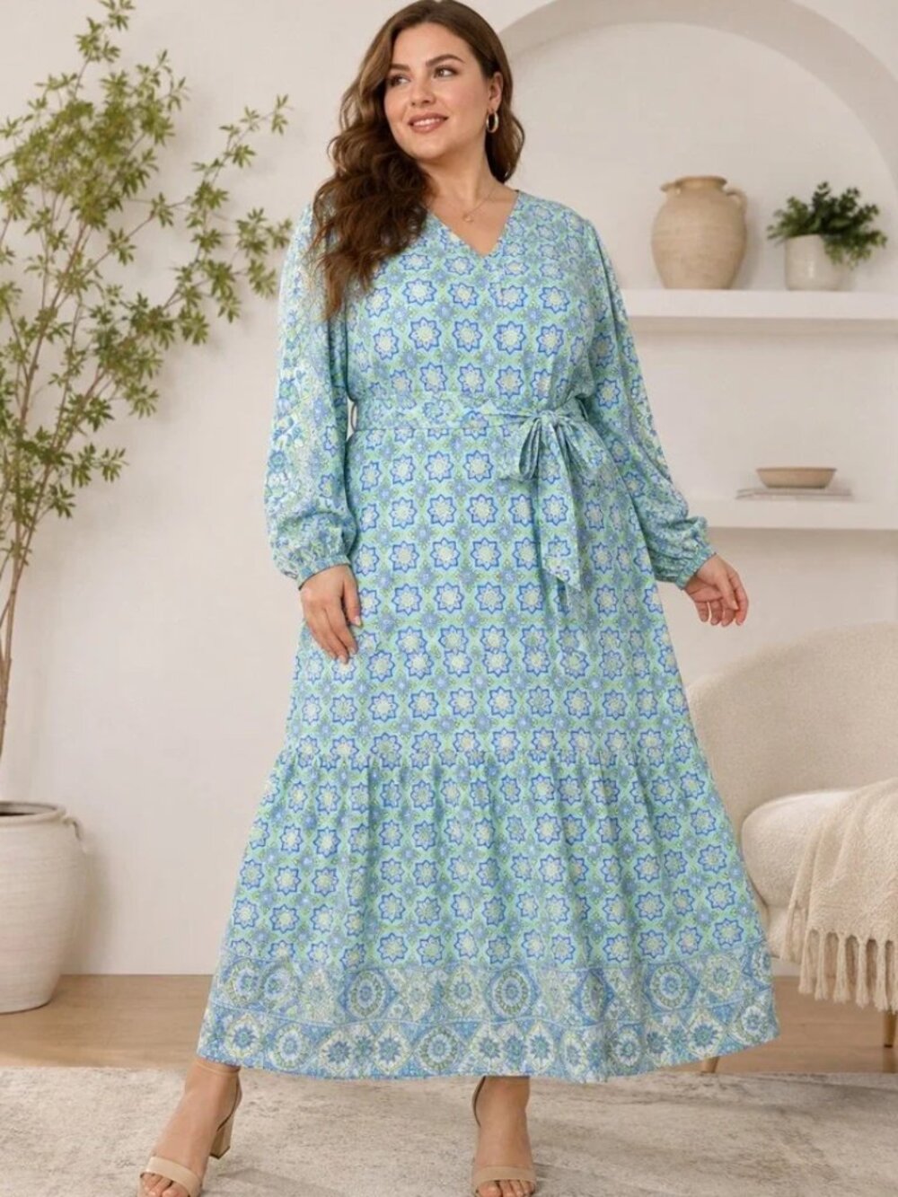 379. Boho Vacation Floral Medallion Tile Print Modal Midi Dress Blue Green XL